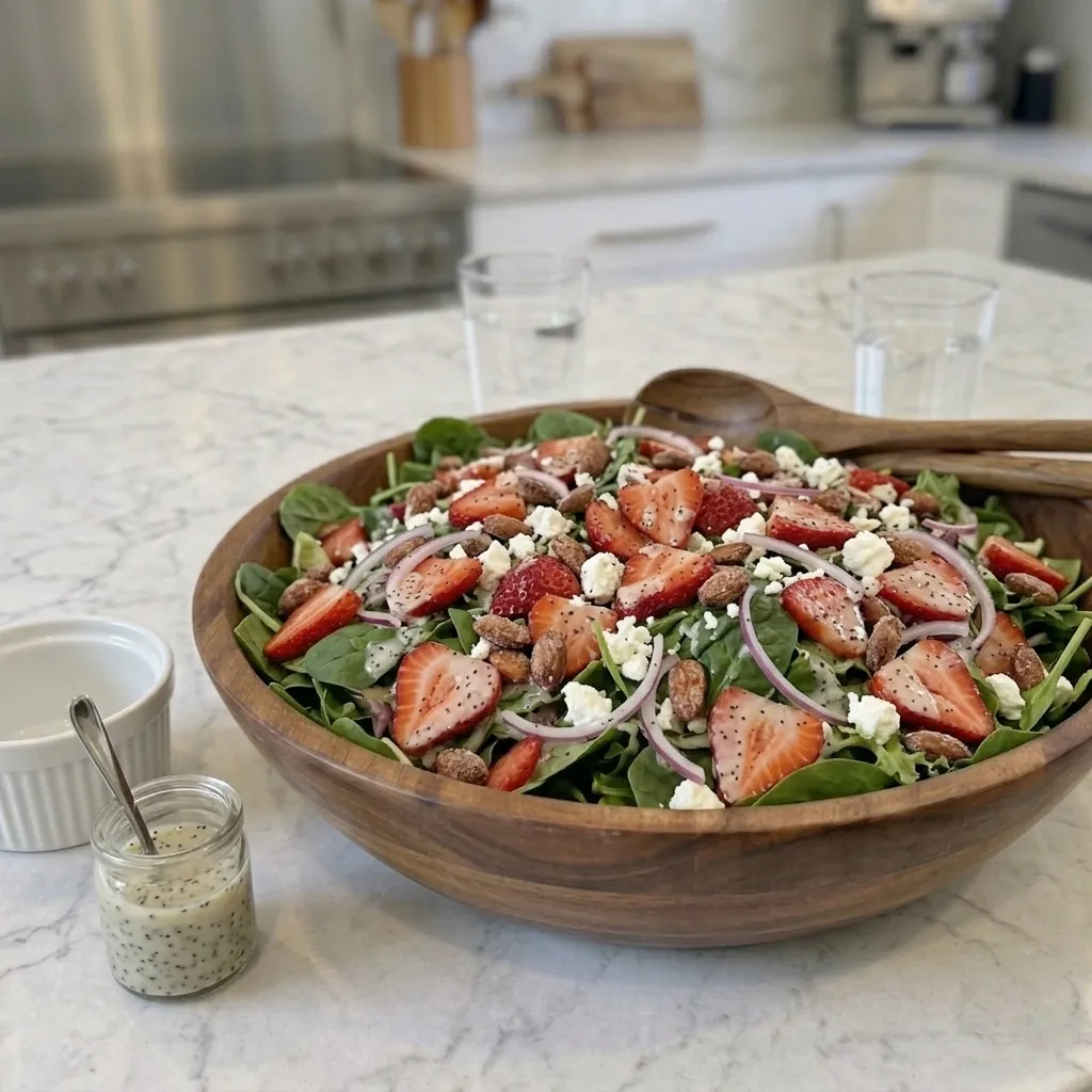 A big strawberry spinach salad ready for the potluck table